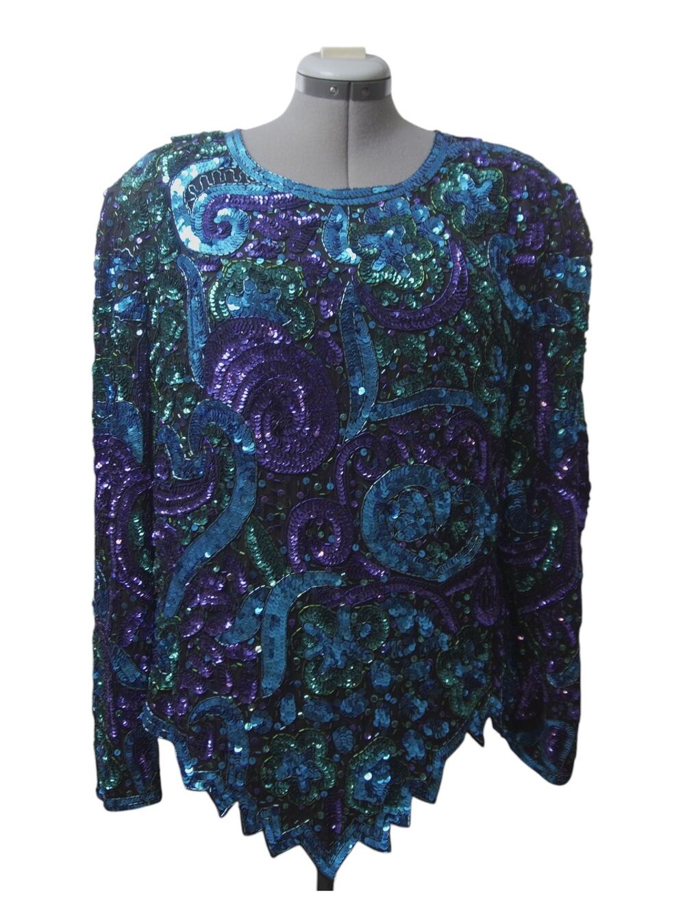 Laurence Kazar Sequin Silk Blouse Rose Motif Blue Purple Sz 2X Vintage